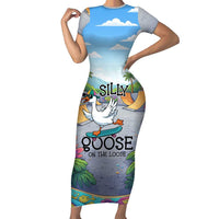Funny Silly Goose on The Loose Short Sleeve Bodycon Dress with Skateboard and Palm Trees
