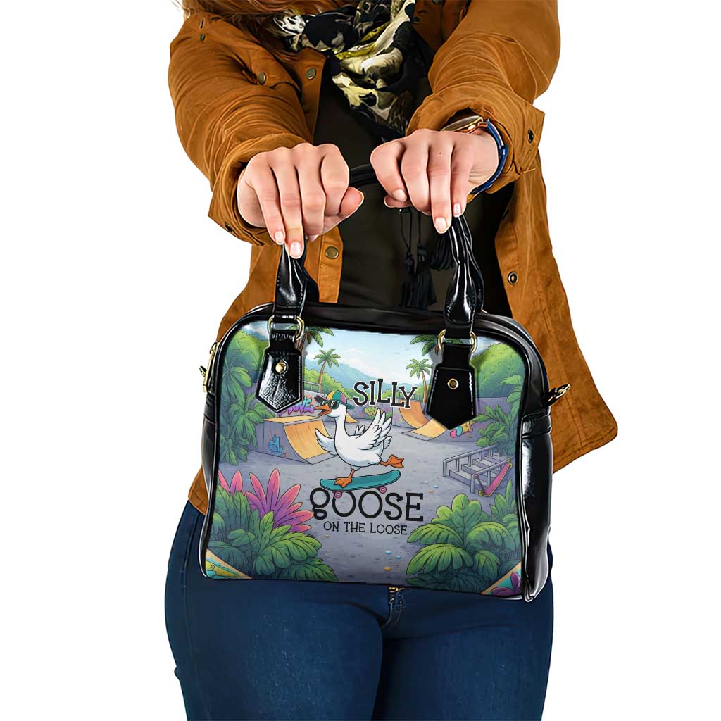 Funny Silly Goose on The Loose Shoulder Handbag with Skateboard and Palm Trees