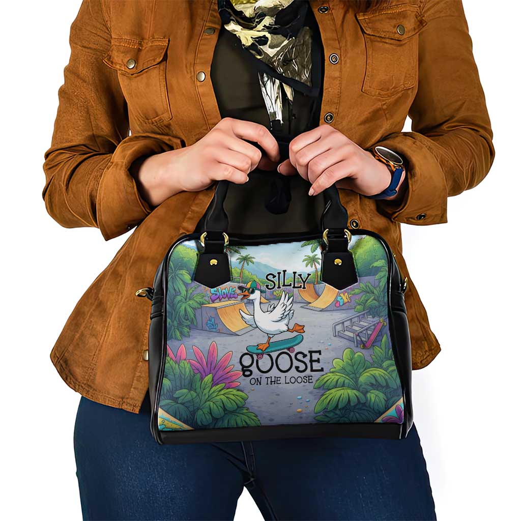 Funny Silly Goose on The Loose Shoulder Handbag with Skateboard and Palm Trees