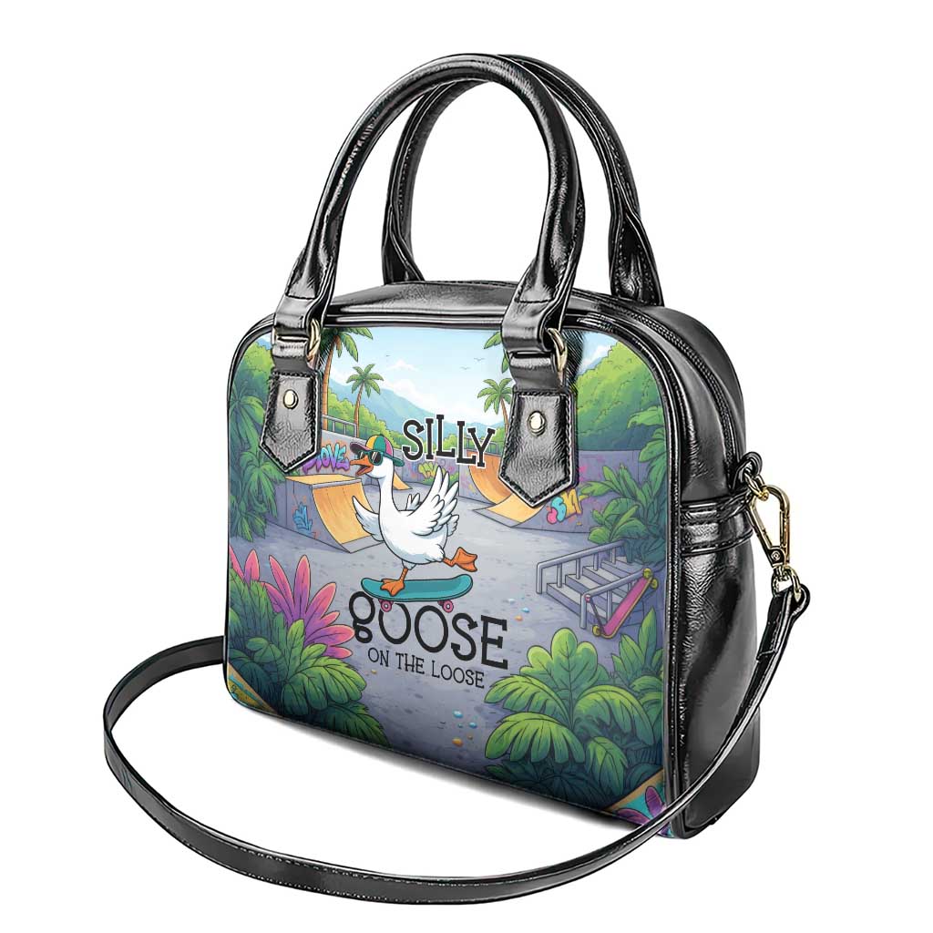 Funny Silly Goose on The Loose Shoulder Handbag with Skateboard and Palm Trees