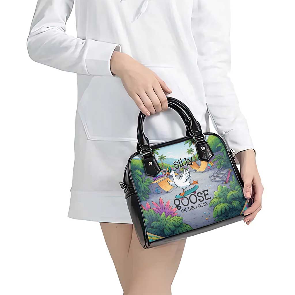 Funny Silly Goose on The Loose Shoulder Handbag with Skateboard and Palm Trees