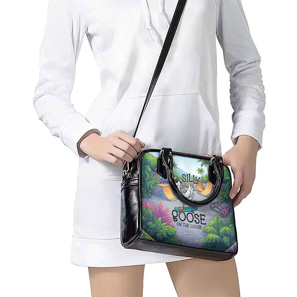 Funny Silly Goose on The Loose Shoulder Handbag with Skateboard and Palm Trees