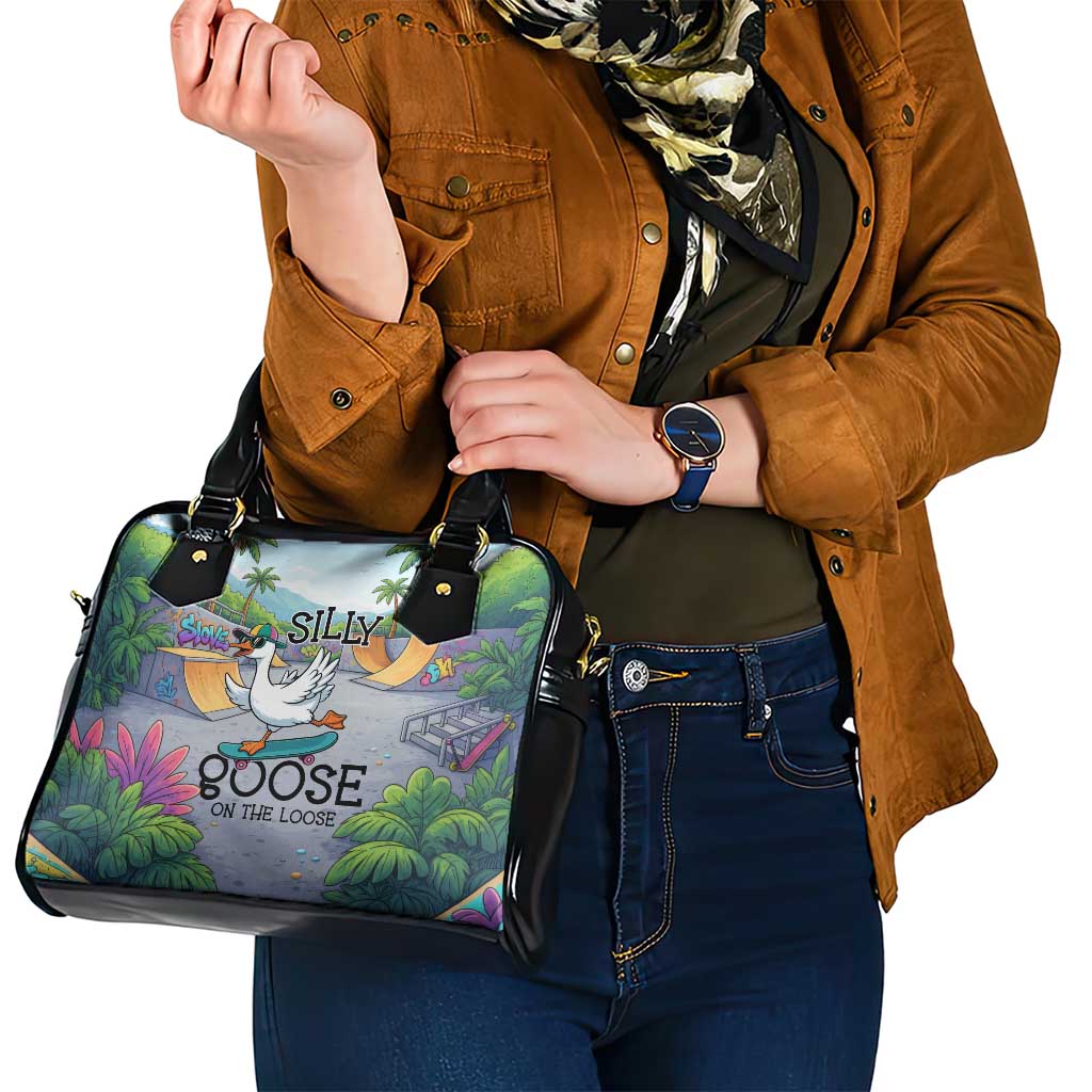 Funny Silly Goose on The Loose Shoulder Handbag with Skateboard and Palm Trees