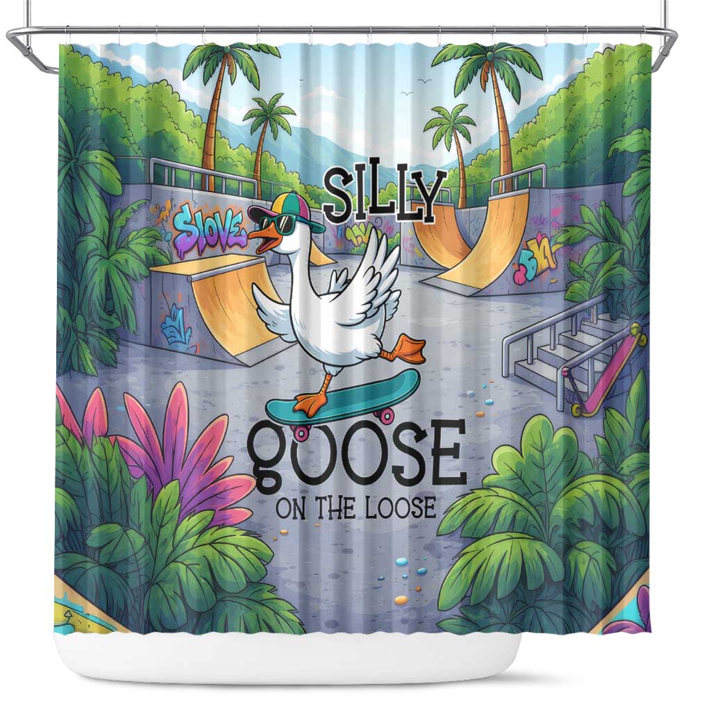 Funny Silly Goose on The Loose Shower Curtain with Skateboard and Palm Trees