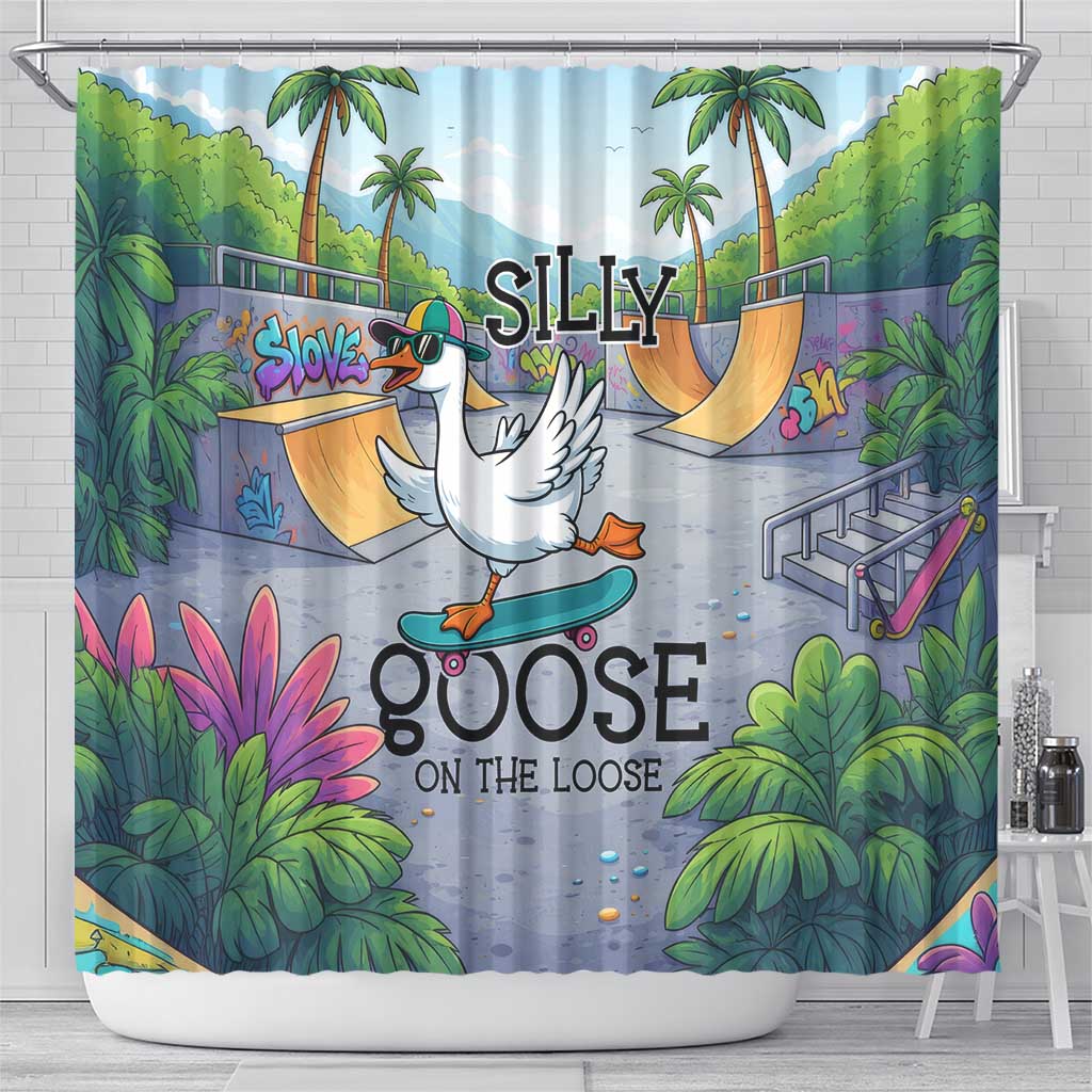 Funny Silly Goose on The Loose Shower Curtain with Skateboard and Palm Trees