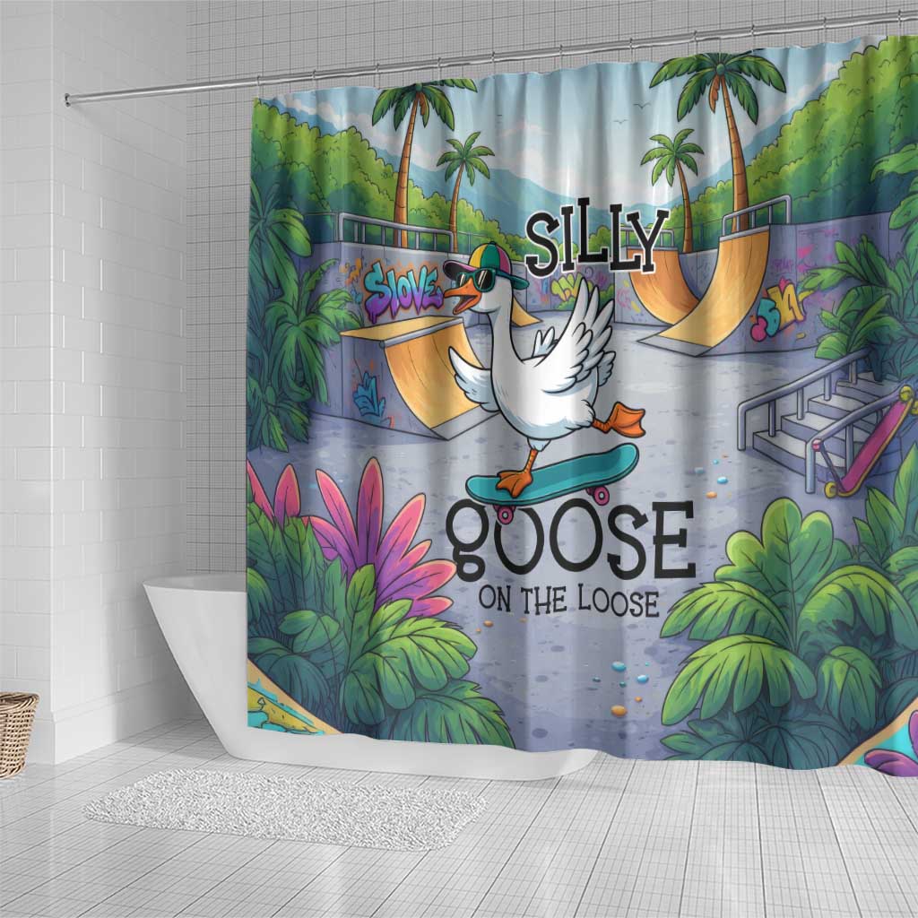 Funny Silly Goose on The Loose Shower Curtain with Skateboard and Palm Trees