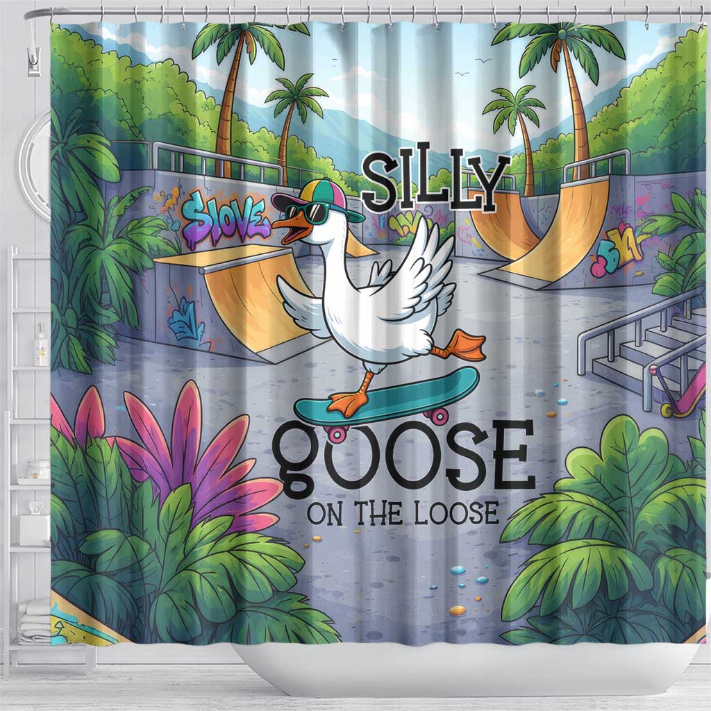 Funny Silly Goose on The Loose Shower Curtain with Skateboard and Palm Trees