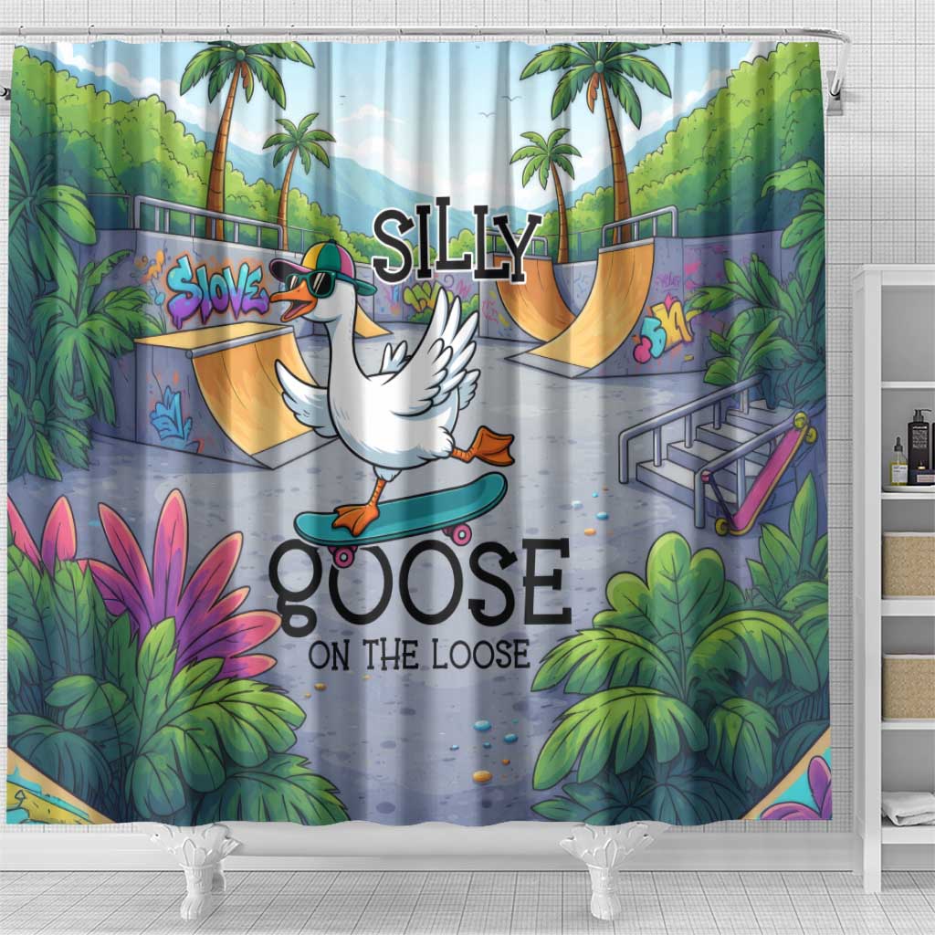 Funny Silly Goose on The Loose Shower Curtain with Skateboard and Palm Trees