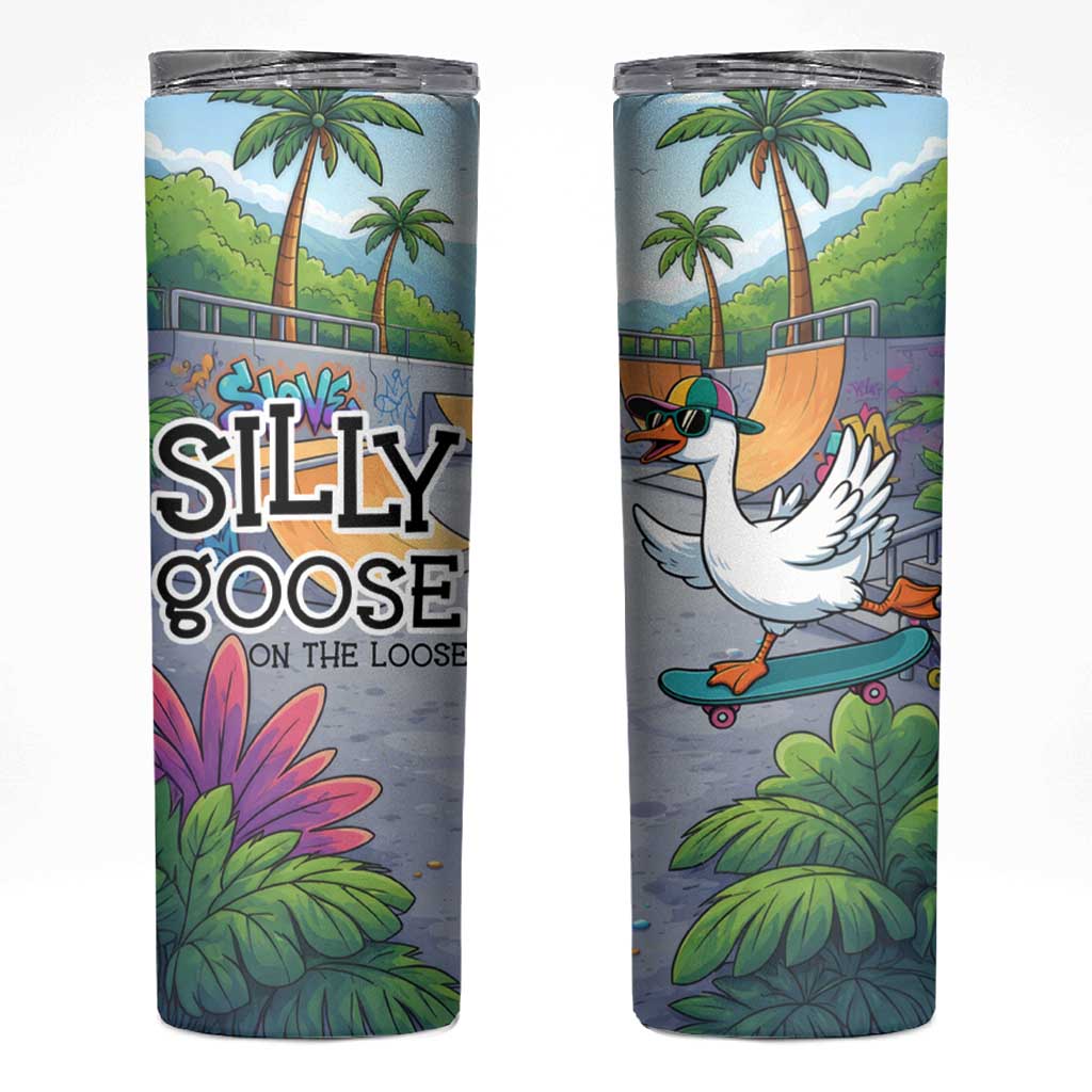 Funny Silly Goose on The Loose Skinny Tumbler with Skateboard and Palm Trees