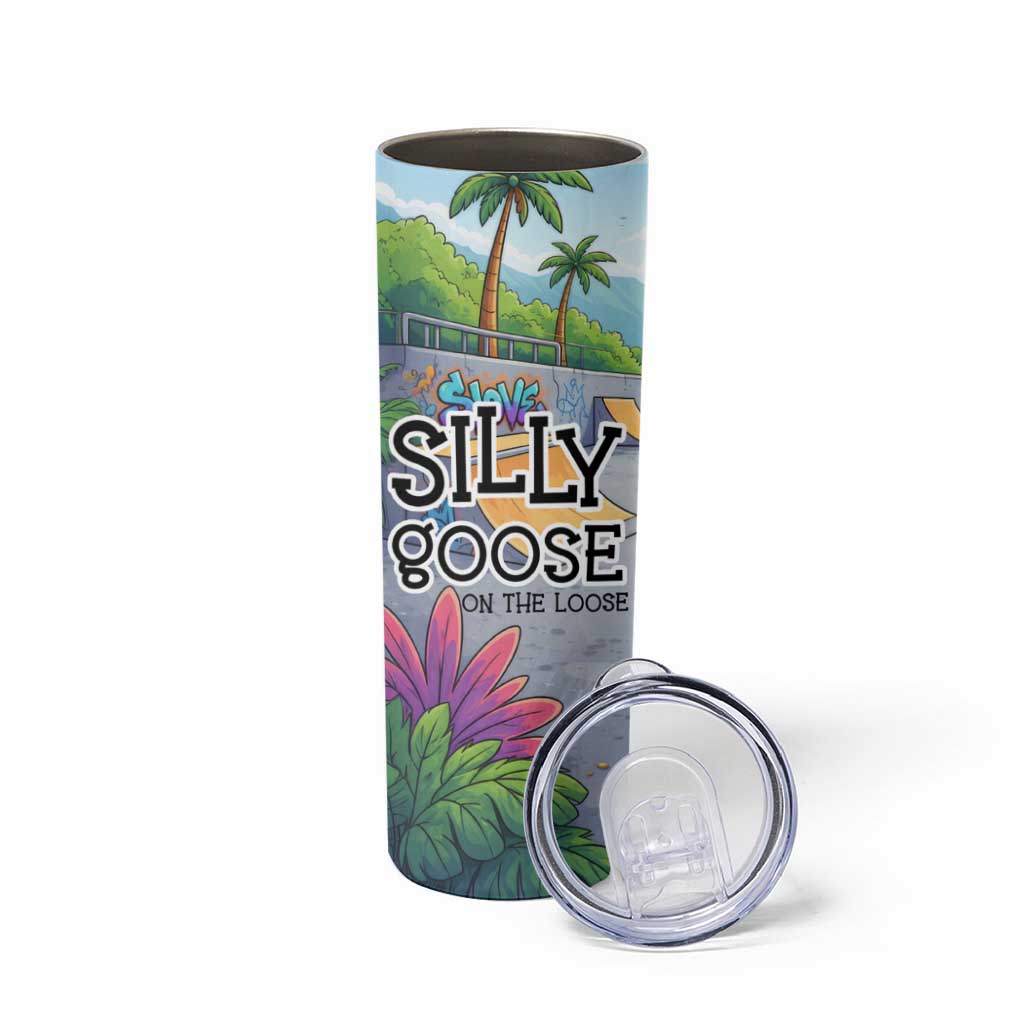 Funny Silly Goose on The Loose Skinny Tumbler with Skateboard and Palm Trees