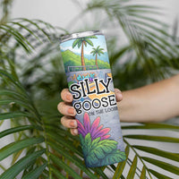 Funny Silly Goose on The Loose Skinny Tumbler with Skateboard and Palm Trees