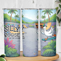 Funny Silly Goose on The Loose Skinny Tumbler with Skateboard and Palm Trees