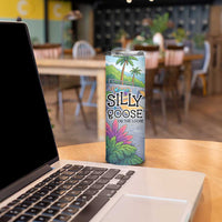Funny Silly Goose on The Loose Skinny Tumbler with Skateboard and Palm Trees