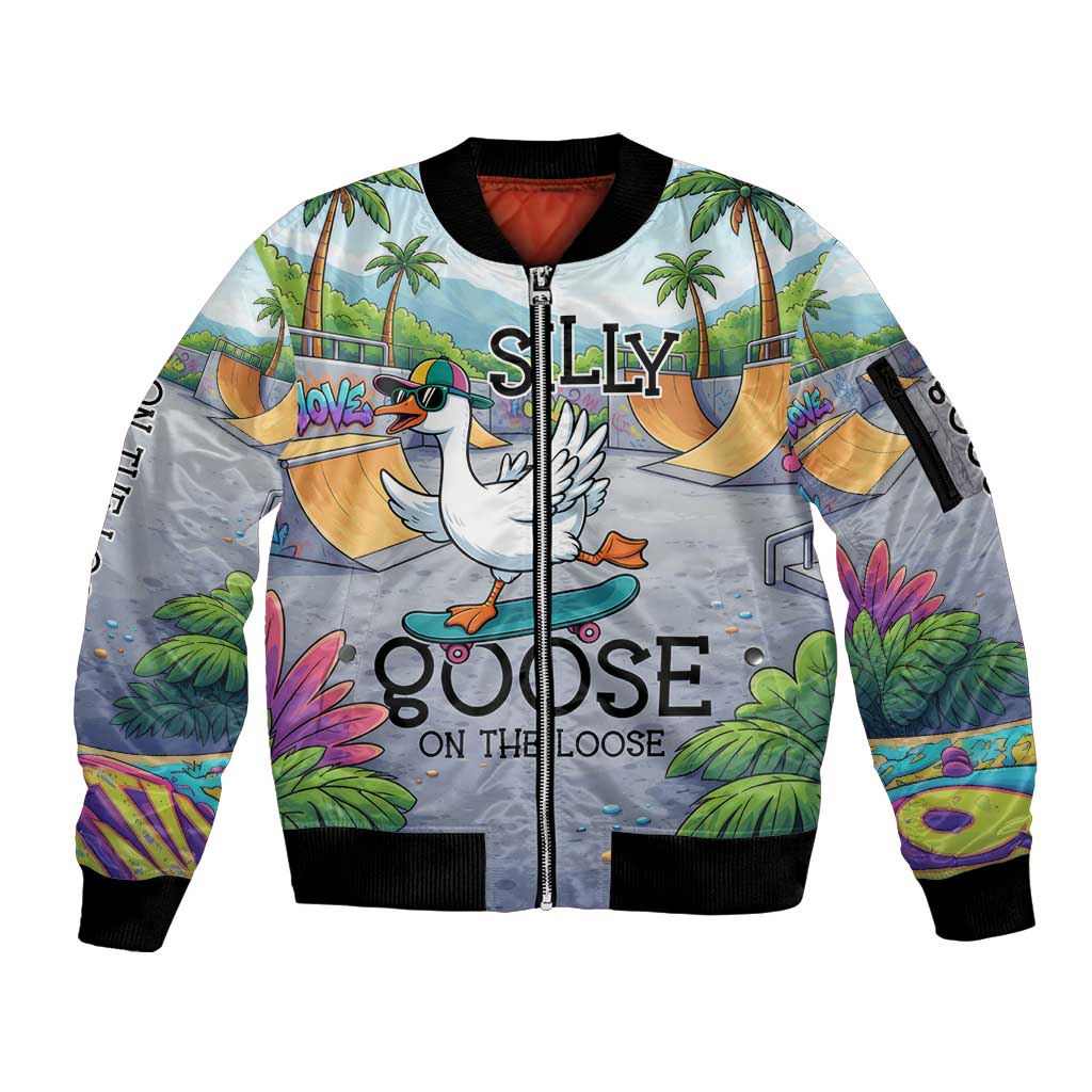 Funny Silly Goose on The Loose Sleeve Zip Bomber Jacket with Skateboard and Palm Trees