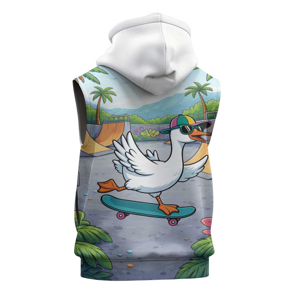 Funny Silly Goose on The Loose Sleeveless Hoodie with Skateboard and Palm Trees