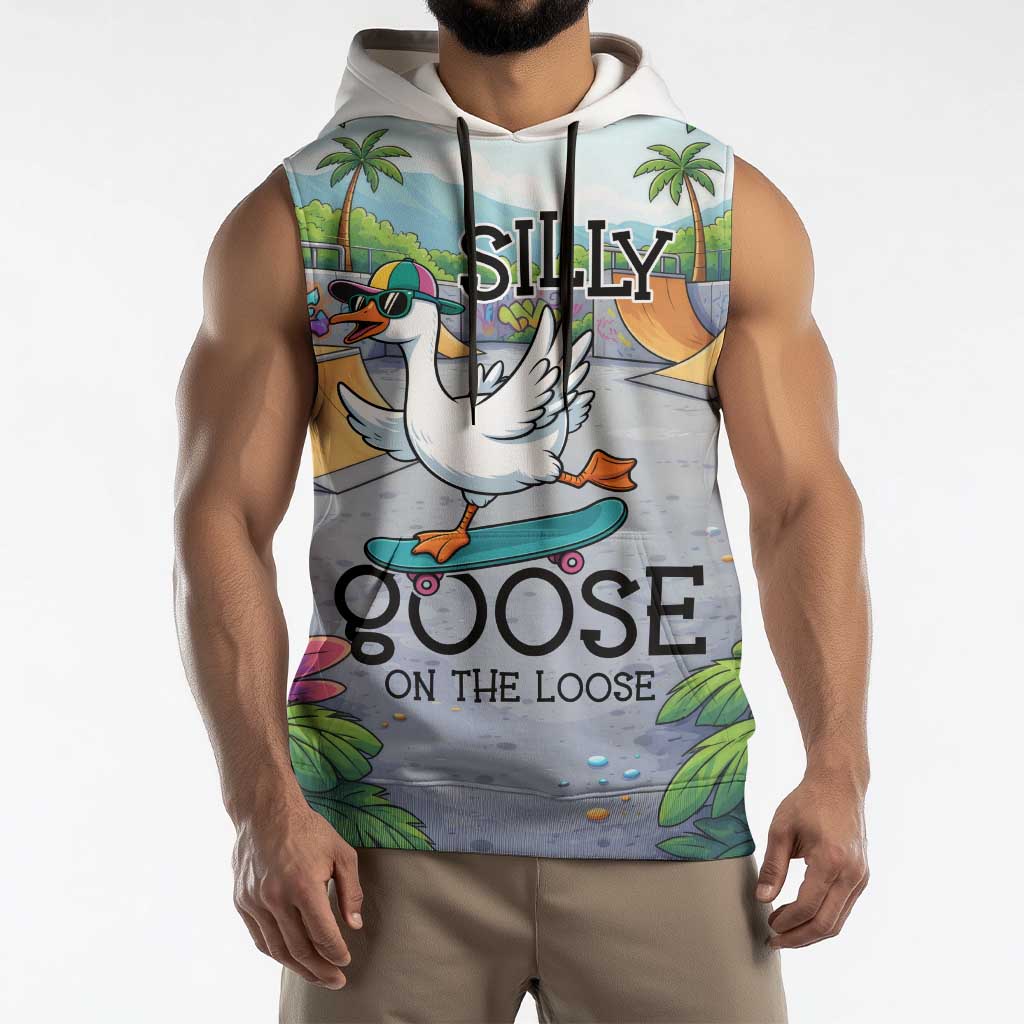 Funny Silly Goose on The Loose Sleeveless Hoodie with Skateboard and Palm Trees