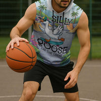Funny Silly Goose on The Loose Sleeveless Hoodie with Skateboard and Palm Trees