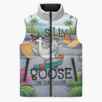 Funny Silly Goose on The Loose Sleeveless Puffer Jacket with Skateboard and Palm Trees