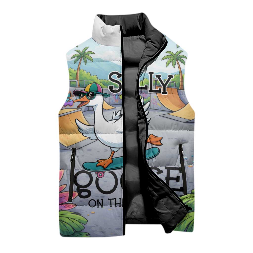 Funny Silly Goose on The Loose Sleeveless Puffer Jacket with Skateboard and Palm Trees