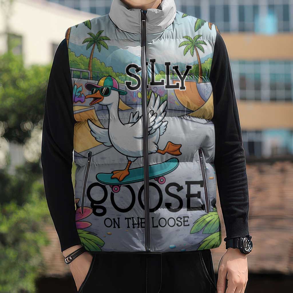Funny Silly Goose on The Loose Sleeveless Puffer Jacket with Skateboard and Palm Trees