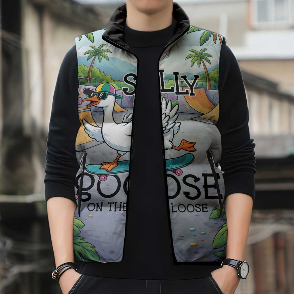 Funny Silly Goose on The Loose Sleeveless Puffer Jacket with Skateboard and Palm Trees