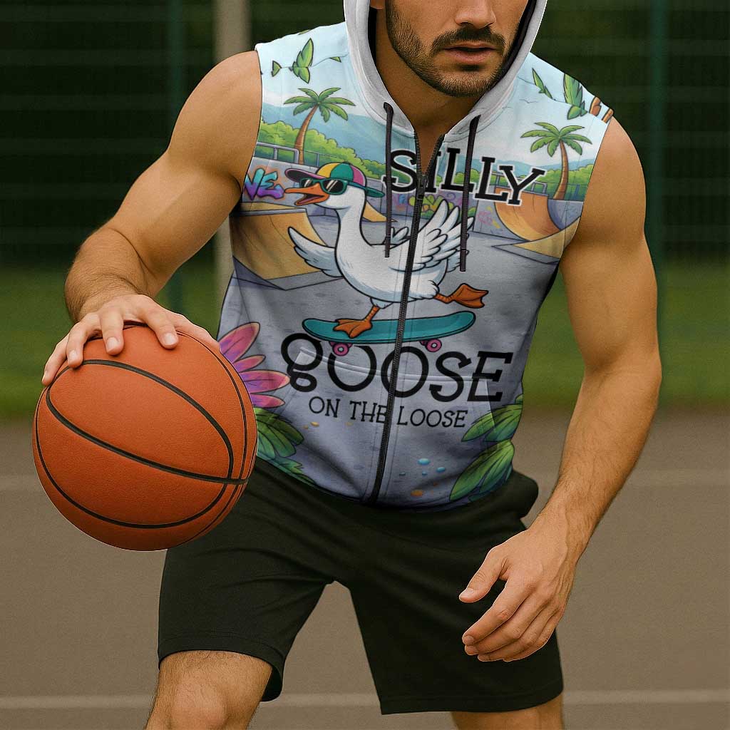 Funny Silly Goose on The Loose Sleeveless Zip Hoodie with Skateboard and Palm Trees