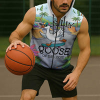 Funny Silly Goose on The Loose Sleeveless Zip Hoodie with Skateboard and Palm Trees