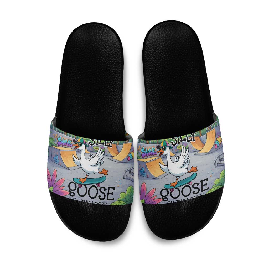 Funny Silly Goose on The Loose Slide Sandals with Skateboard and Palm Trees