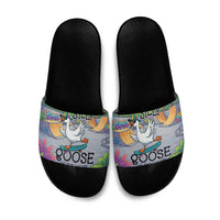 Funny Silly Goose on The Loose Slide Sandals with Skateboard and Palm Trees