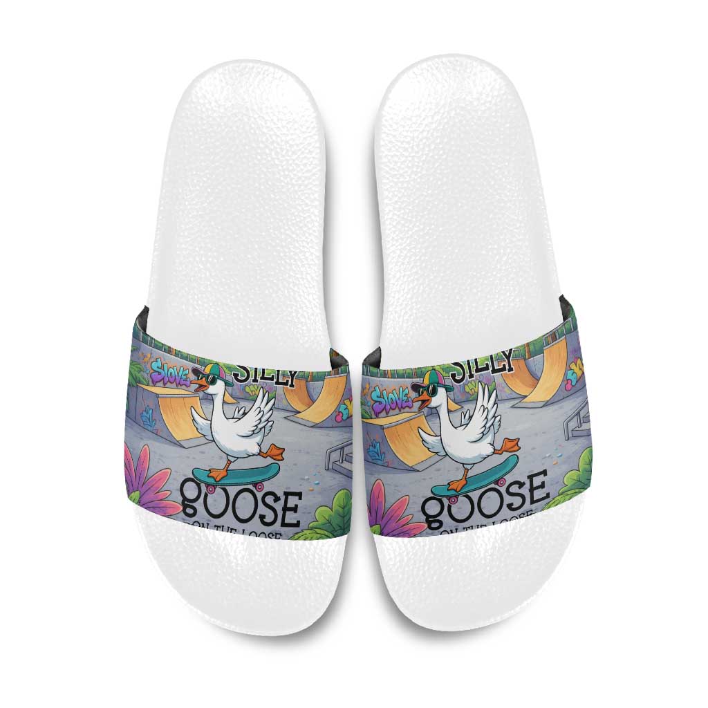 Funny Silly Goose on The Loose Slide Sandals with Skateboard and Palm Trees