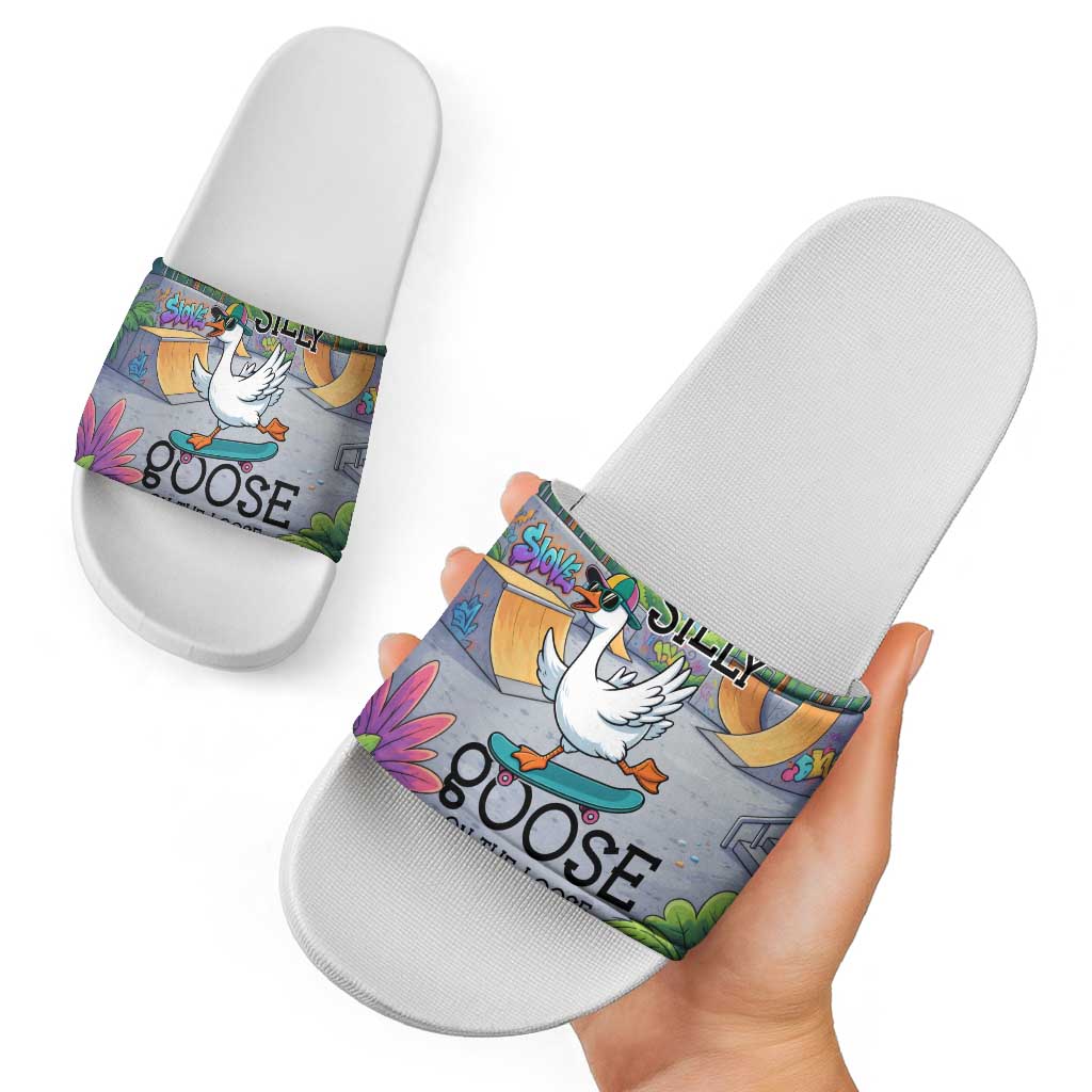 Funny Silly Goose on The Loose Slide Sandals with Skateboard and Palm Trees