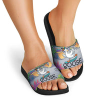Funny Silly Goose on The Loose Slide Sandals with Skateboard and Palm Trees