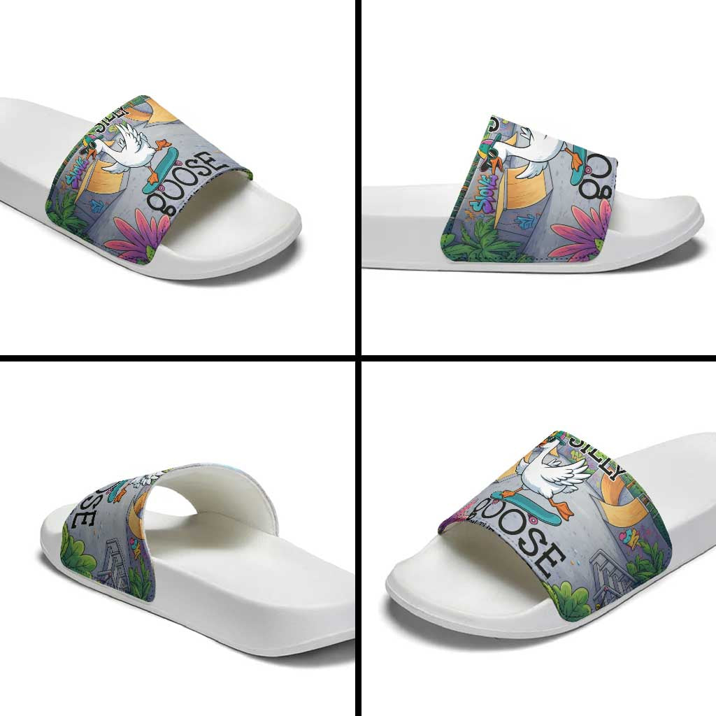 Funny Silly Goose on The Loose Slide Sandals with Skateboard and Palm Trees