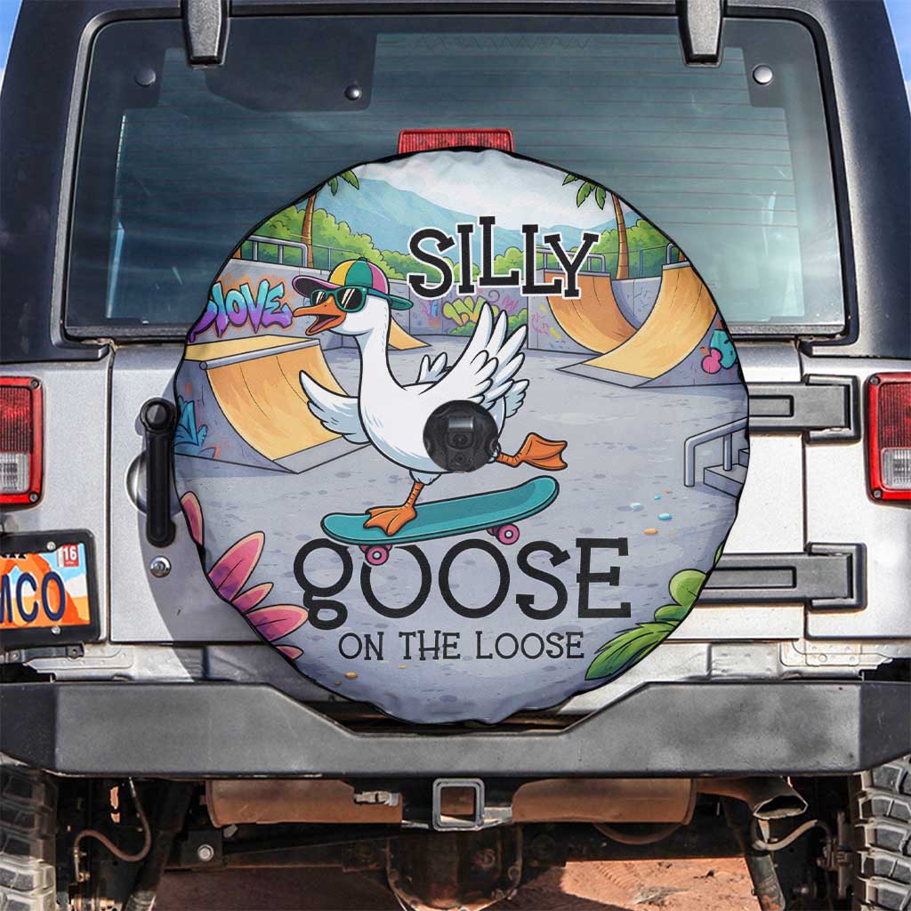 Funny Silly Goose on The Loose Spare Tire Cover with Skateboard and Palm Trees