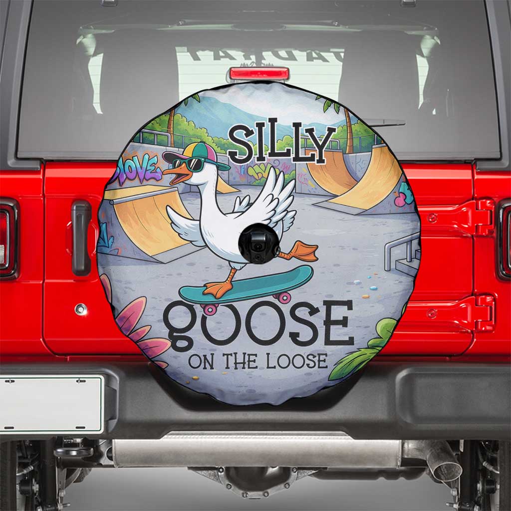 Funny Silly Goose on The Loose Spare Tire Cover with Skateboard and Palm Trees