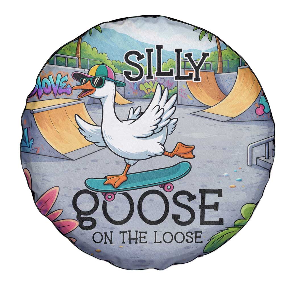 Funny Silly Goose on The Loose Spare Tire Cover with Skateboard and Palm Trees