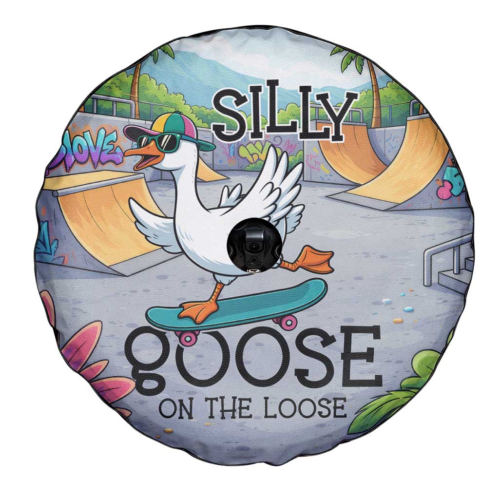Funny Silly Goose on The Loose Spare Tire Cover with Skateboard and Palm Trees