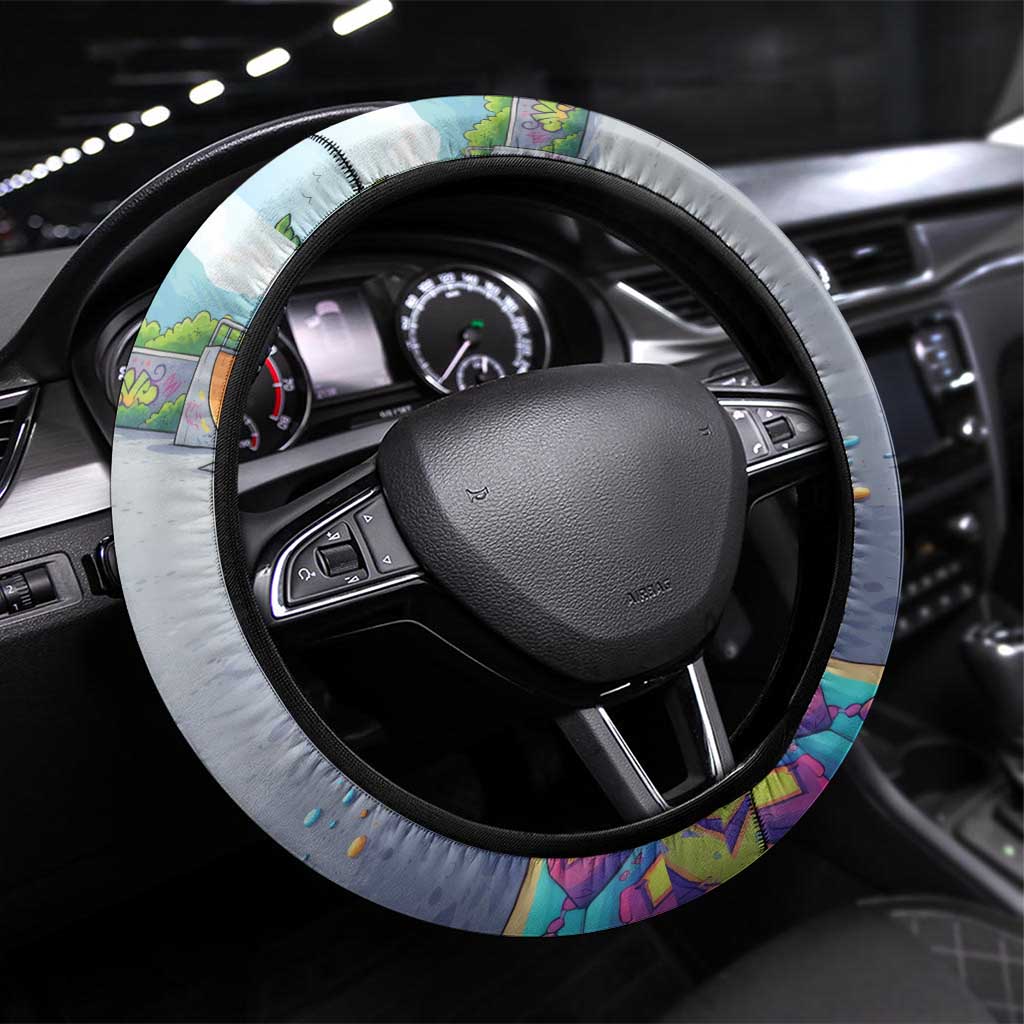 Funny Silly Goose on The Loose Steering Wheel Cover with Skateboard and Palm Trees