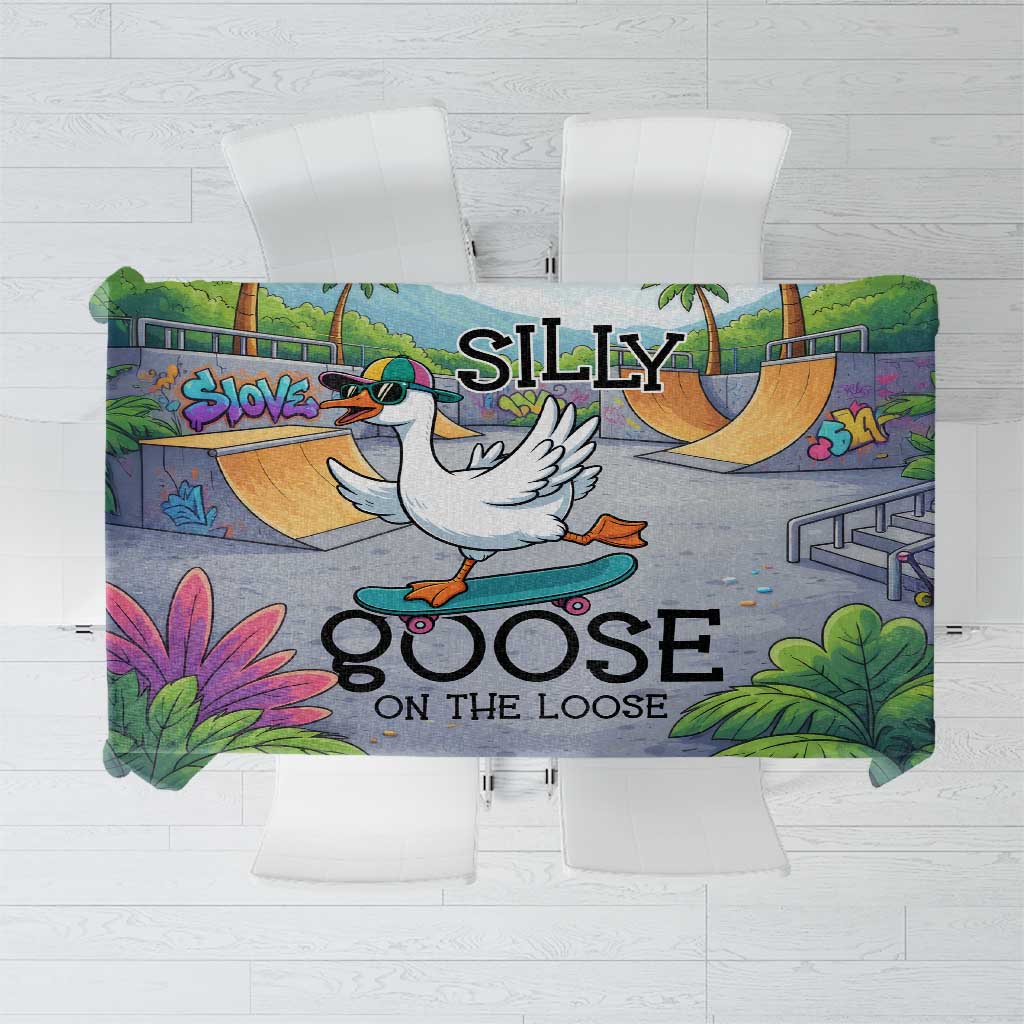 Funny Silly Goose on The Loose Tablecloth with Skateboard and Palm Trees