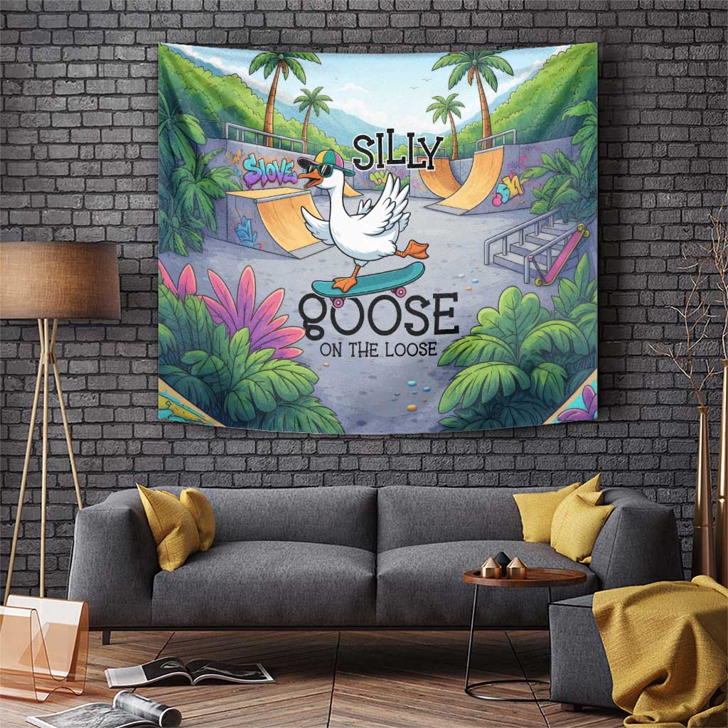 Funny Silly Goose on The Loose Tapestry with Skateboard and Palm Trees