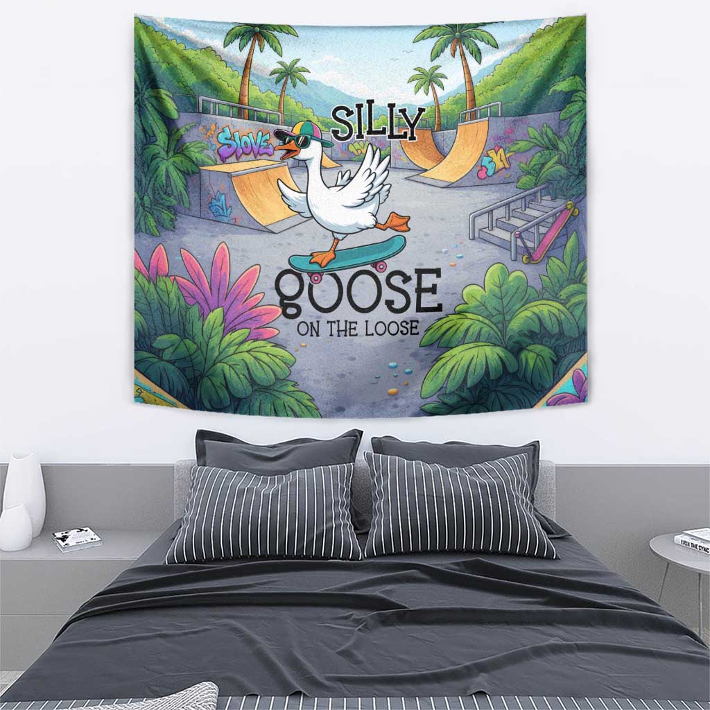 Funny Silly Goose on The Loose Tapestry with Skateboard and Palm Trees