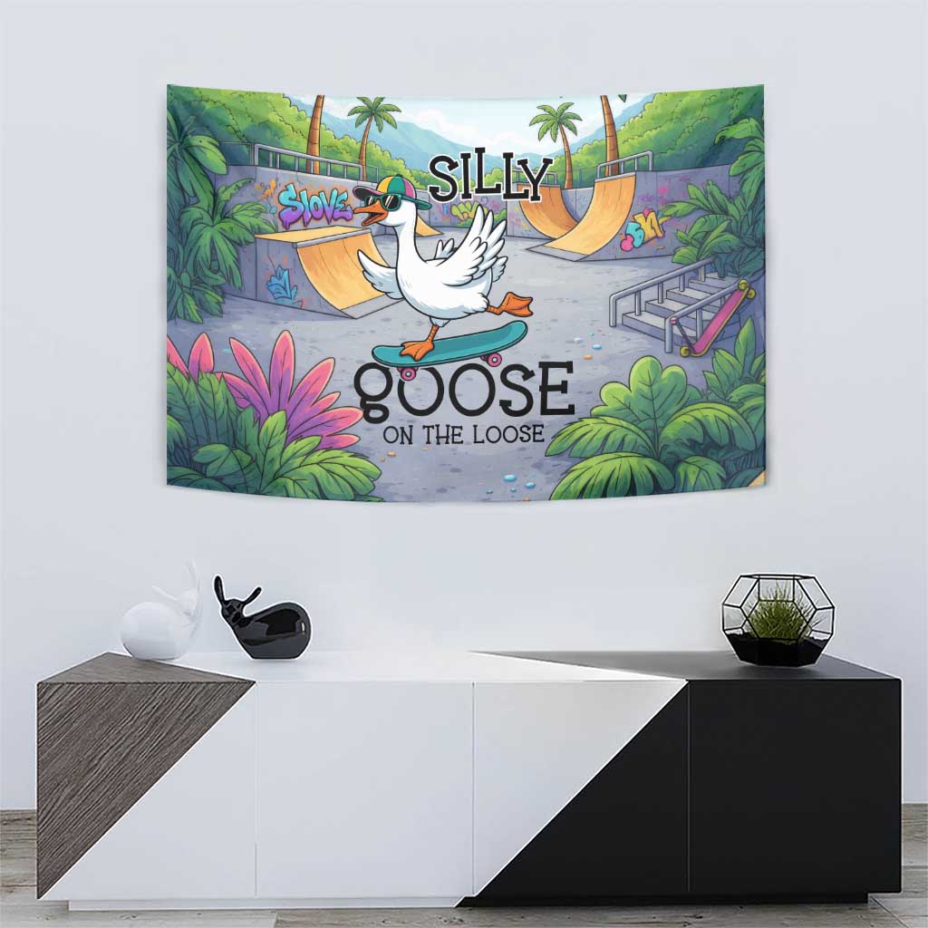 Funny Silly Goose on The Loose Tapestry with Skateboard and Palm Trees