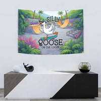Funny Silly Goose on The Loose Tapestry with Skateboard and Palm Trees