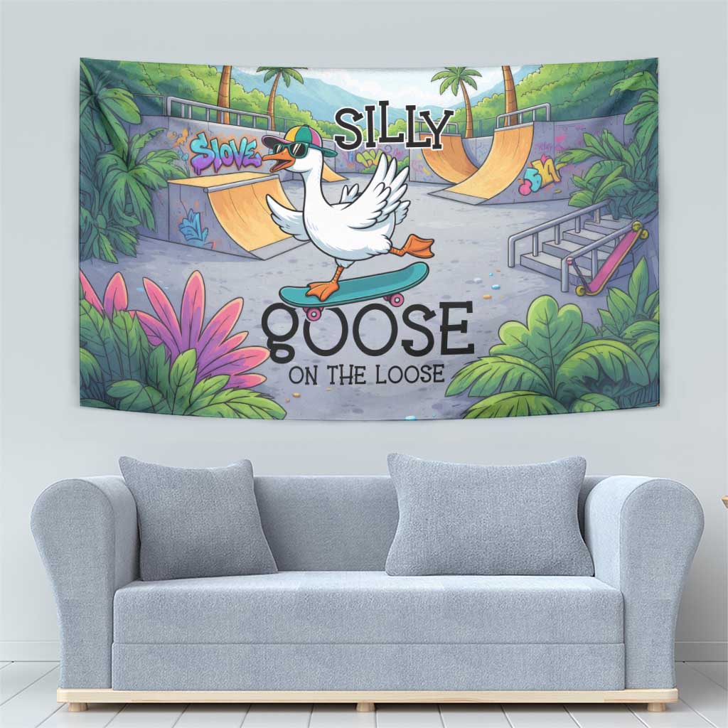 Funny Silly Goose on The Loose Tapestry with Skateboard and Palm Trees