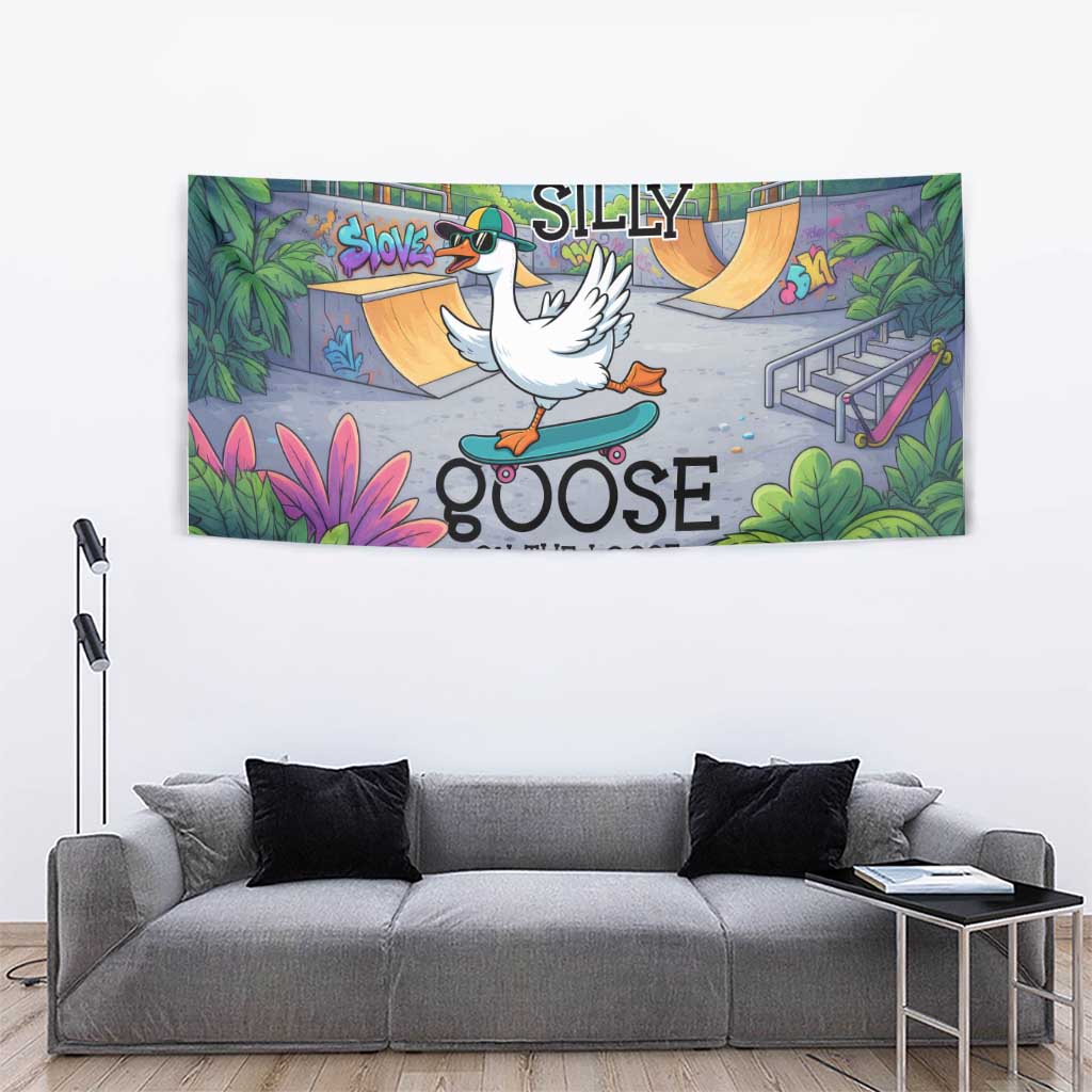 Funny Silly Goose on The Loose Tapestry with Skateboard and Palm Trees