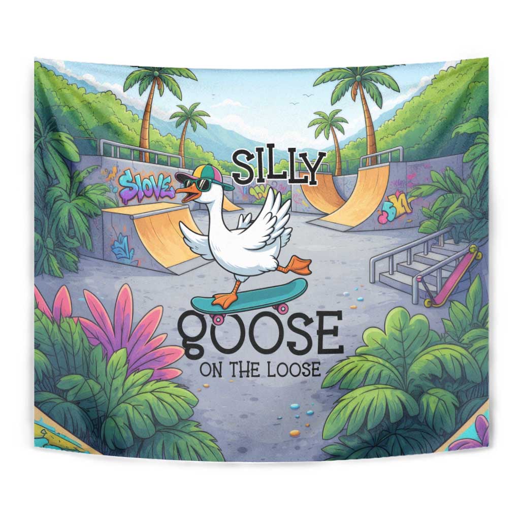 Funny Silly Goose on The Loose Tapestry with Skateboard and Palm Trees