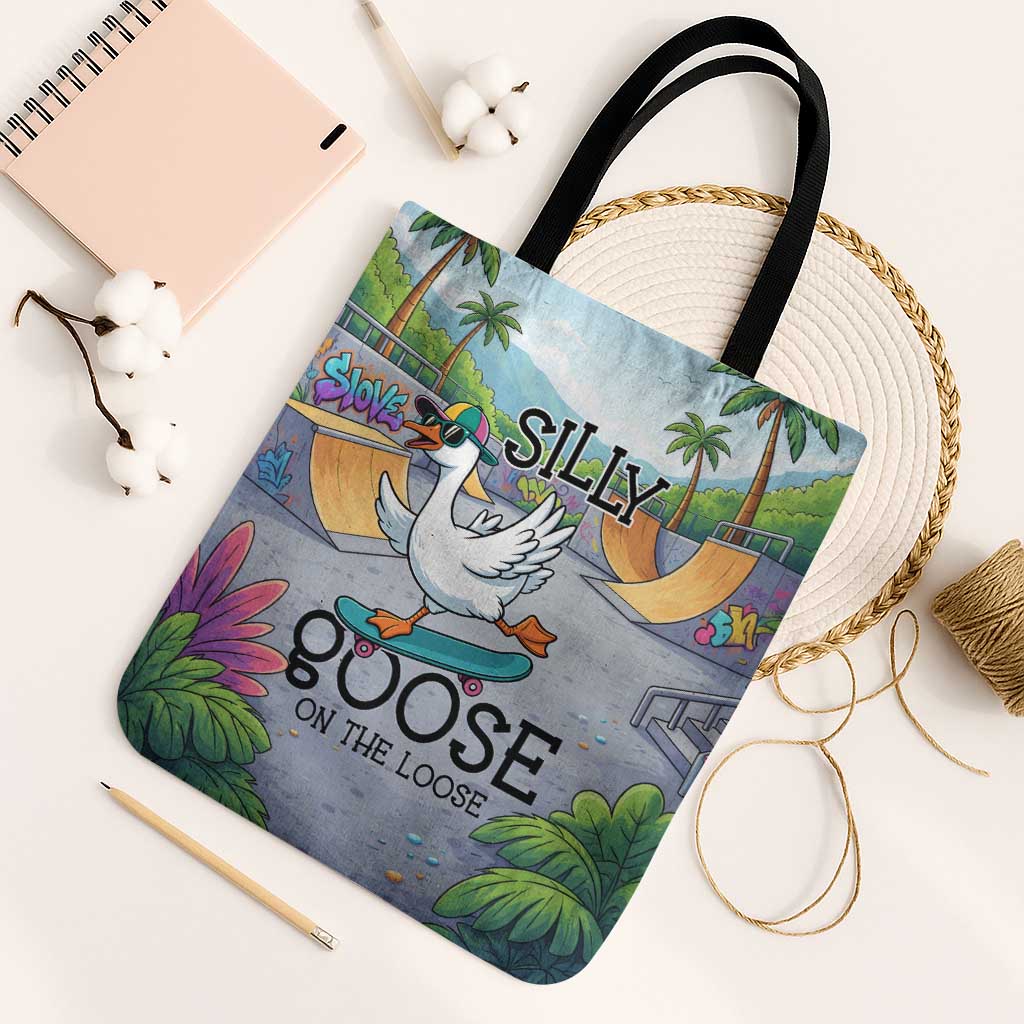 Funny Silly Goose on The Loose Tote Bag with Skateboard and Palm Trees