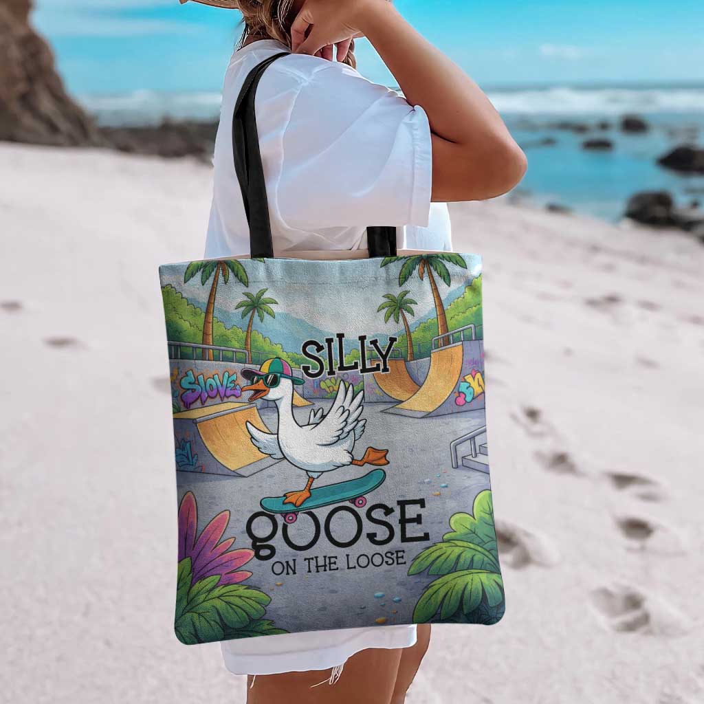Funny Silly Goose on The Loose Tote Bag with Skateboard and Palm Trees