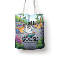 Funny Silly Goose on The Loose Tote Bag with Skateboard and Palm Trees