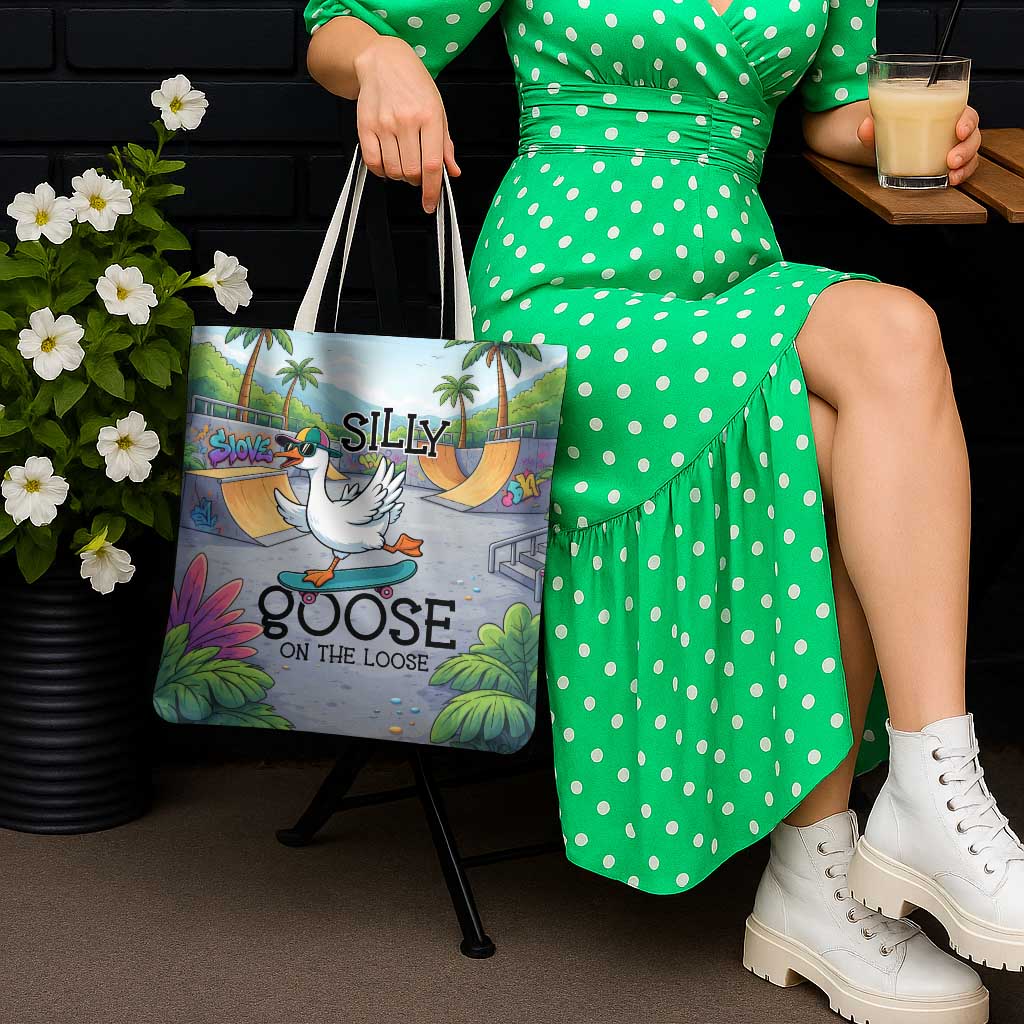 Funny Silly Goose on The Loose Tote Bag with Skateboard and Palm Trees